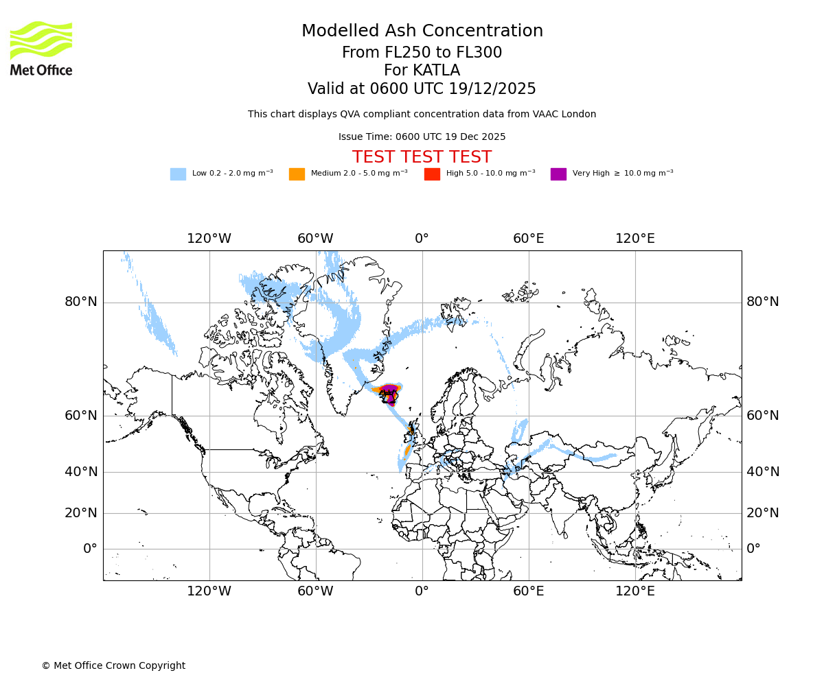 Modelled ash concentration from 250 to 300 for KATLA. Valid at 0600 UTC 19/12/2025