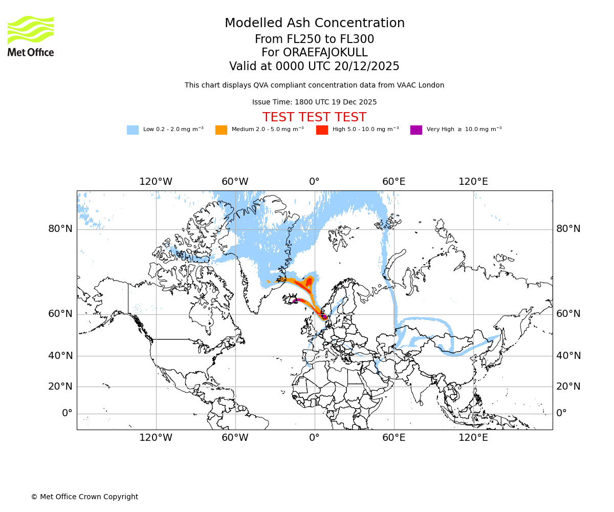 Modelled ash concentration from 250 to 300 for ORAEFAJOKULL. Valid at 0000 UTC 20/12/2025