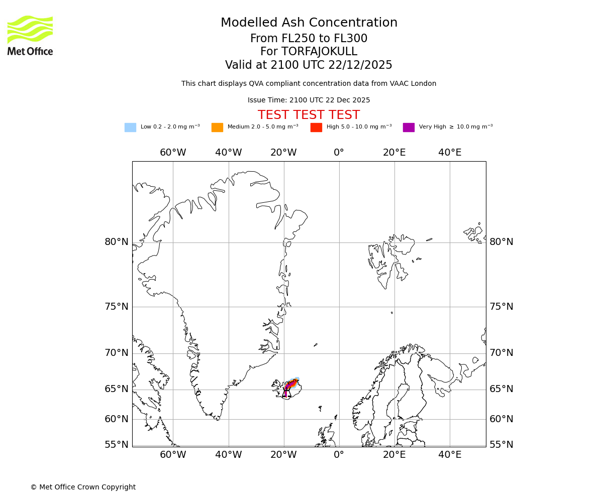 Modelled ash concentration from 250 to 300 for TORFAJOKULL. Valid at 2100 UTC 22/12/2025