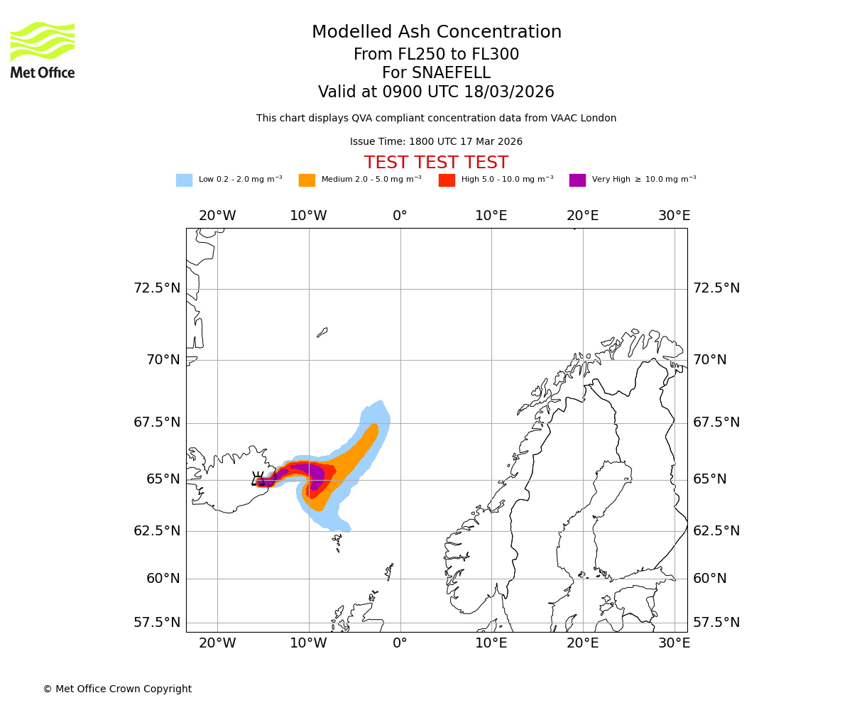 Modelled ash concentration from 250 to 300 for SNAEFELL. Valid at 0900 UTC 18/03/2026