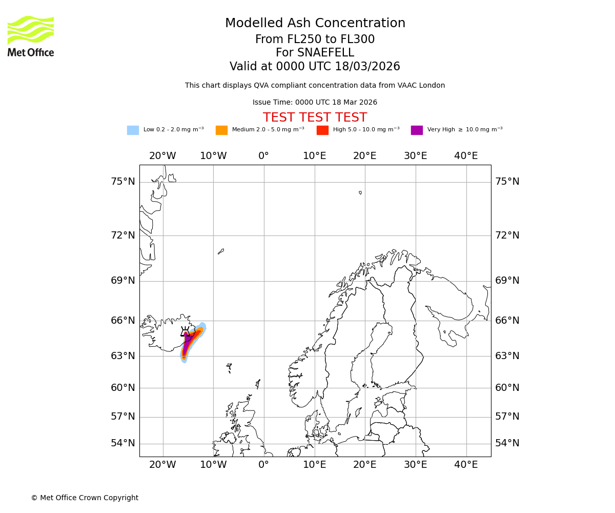 Modelled ash concentration from 250 to 300 for SNAEFELL. Valid at 0000 UTC 18/03/2026