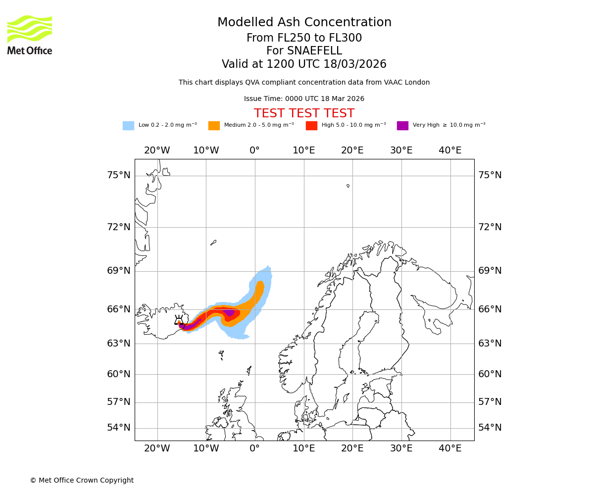 Modelled ash concentration from 250 to 300 for SNAEFELL. Valid at 1200 UTC 18/03/2026