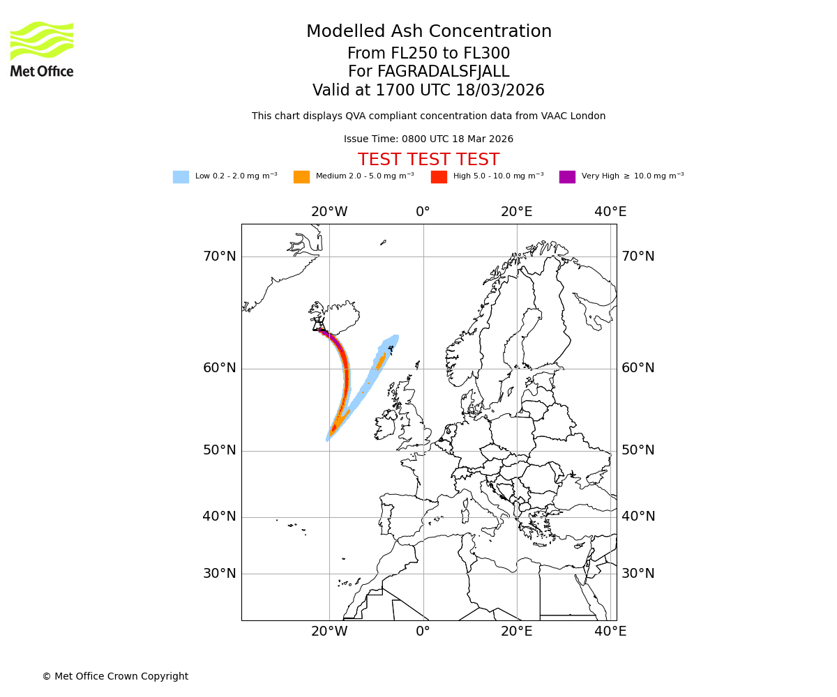 Modelled ash concentration from 250 to 300 for FAGRADALSFJALL. Valid at 1700 UTC 18/03/2026