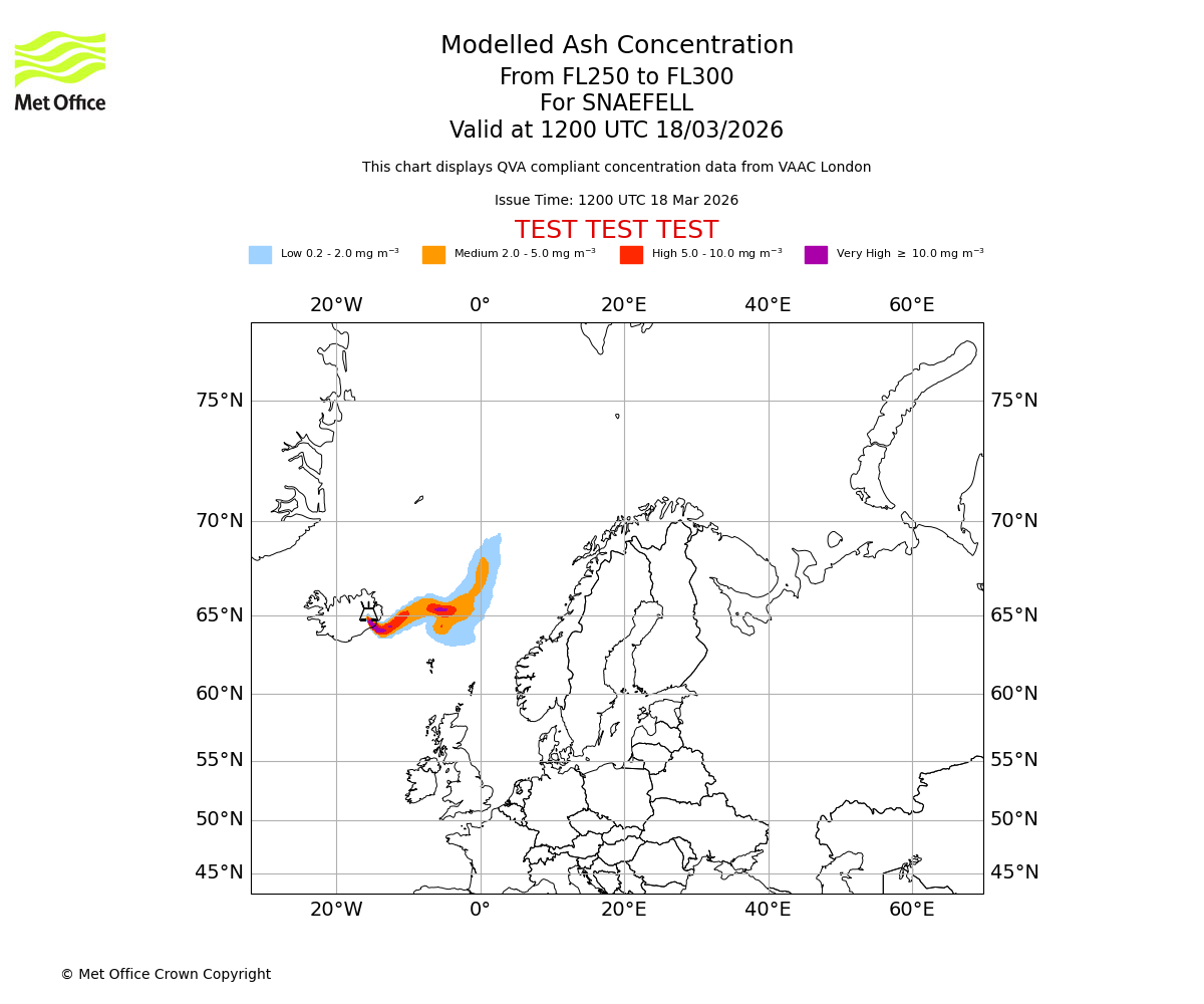 Modelled ash concentration from 250 to 300 for SNAEFELL. Valid at 1200 UTC 18/03/2026