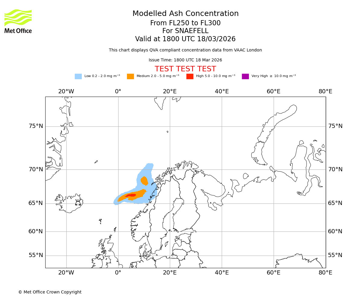 Modelled ash concentration from 250 to 300 for SNAEFELL. Valid at 1800 UTC 18/03/2026