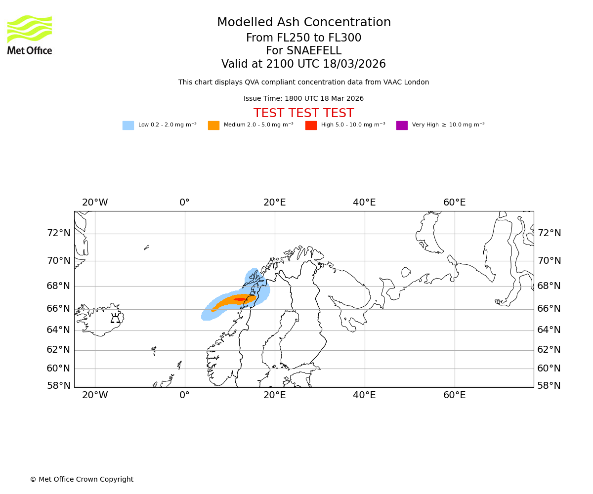 Modelled ash concentration from 250 to 300 for SNAEFELL. Valid at 2100 UTC 18/03/2026