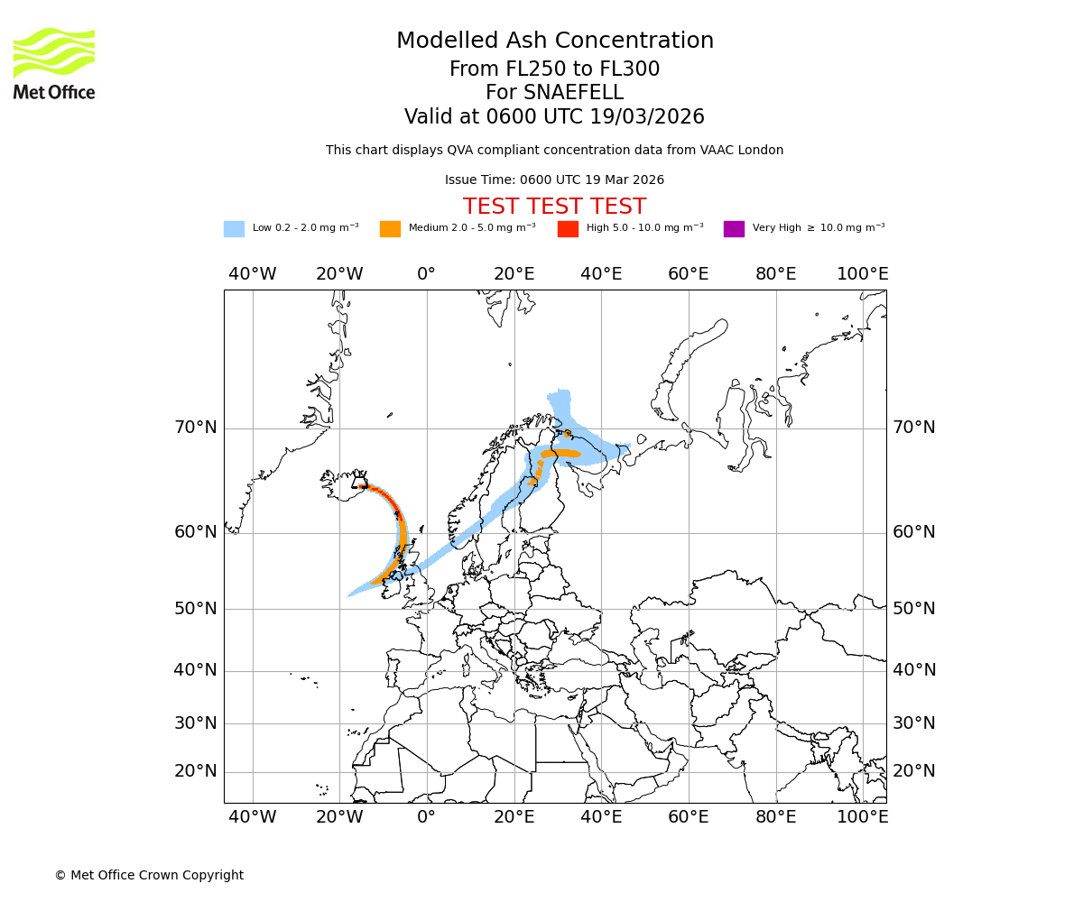 Modelled ash concentration from 250 to 300 for SNAEFELL. Valid at 0600 UTC 19/03/2026