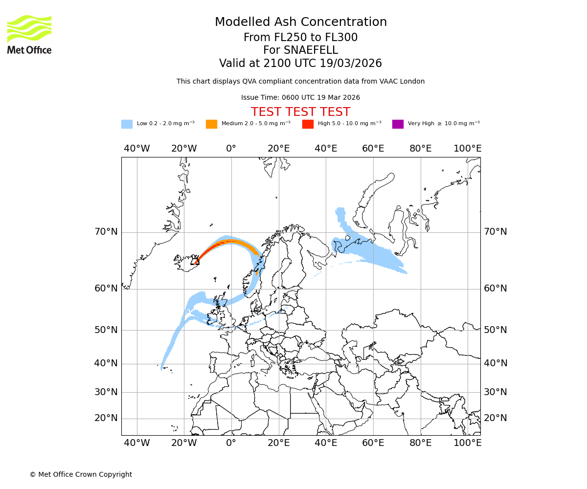 Modelled ash concentration from 250 to 300 for SNAEFELL. Valid at 2100 UTC 19/03/2026