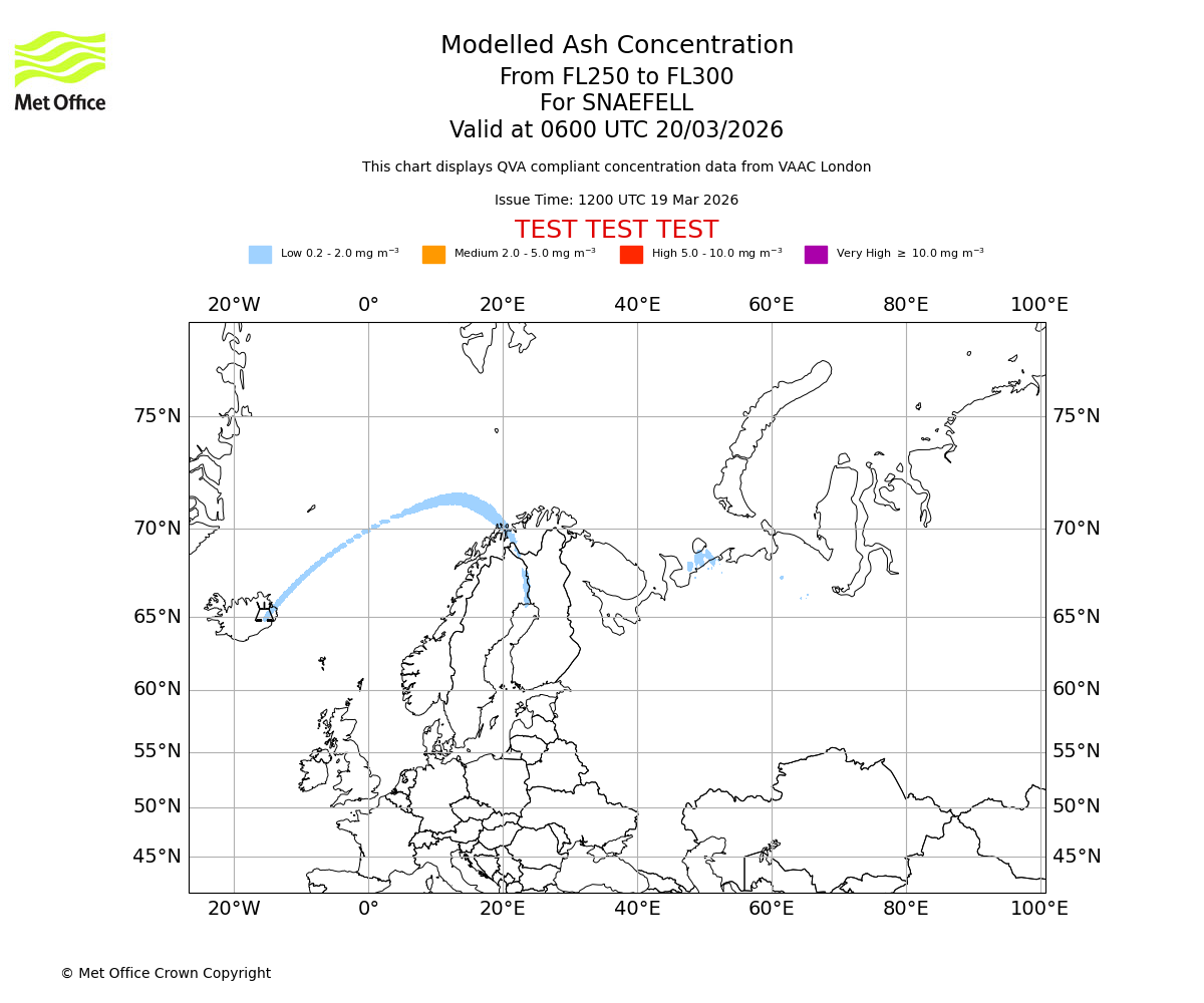 Modelled ash concentration from 250 to 300 for SNAEFELL. Valid at 0600 UTC 20/03/2026