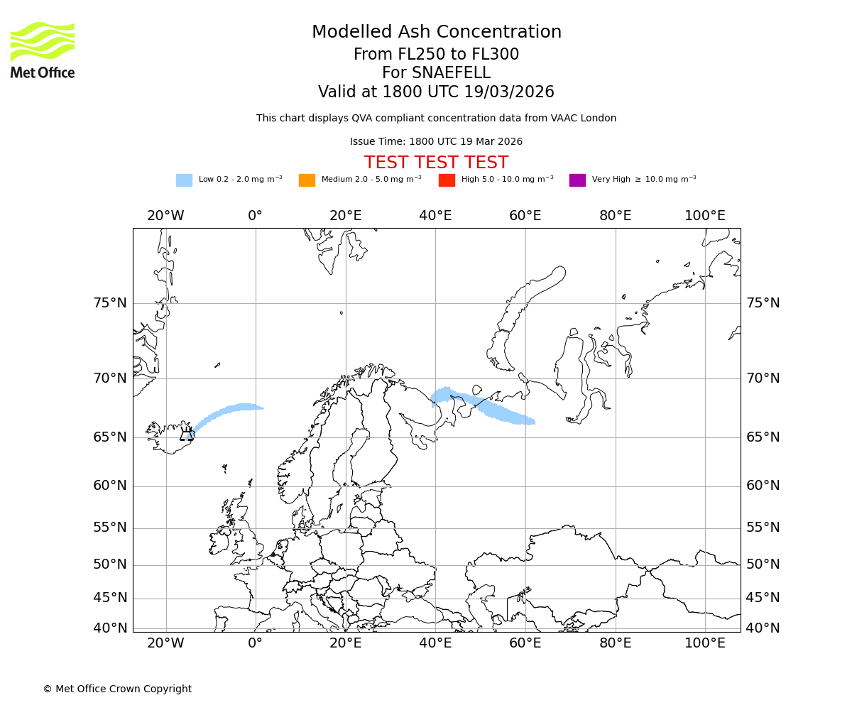 Modelled ash concentration from 250 to 300 for SNAEFELL. Valid at 1800 UTC 19/03/2026