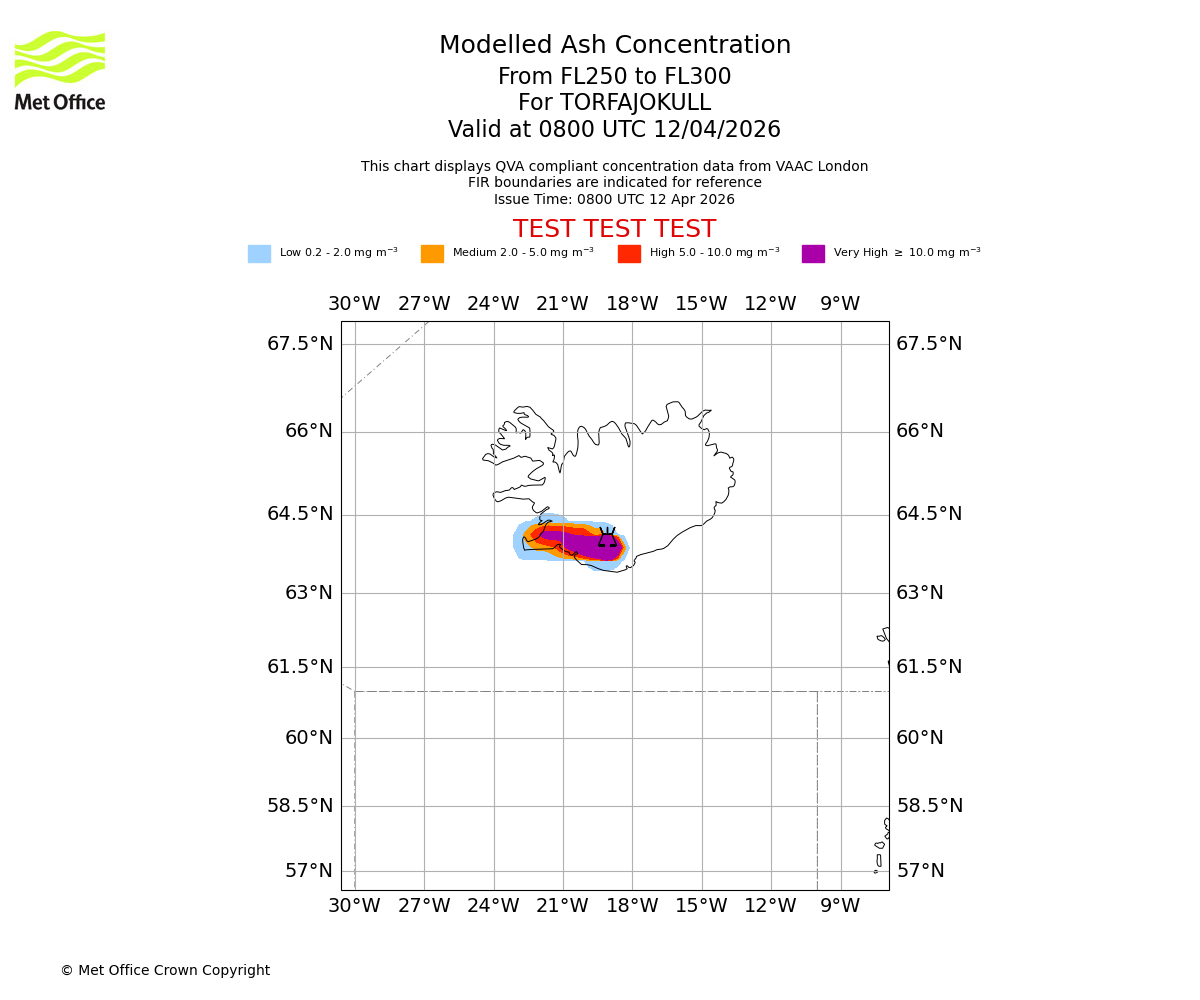 Modelled ash concentration from 250 to 300 for TORFAJOKULL. Valid at 0800 UTC 12/04/2026