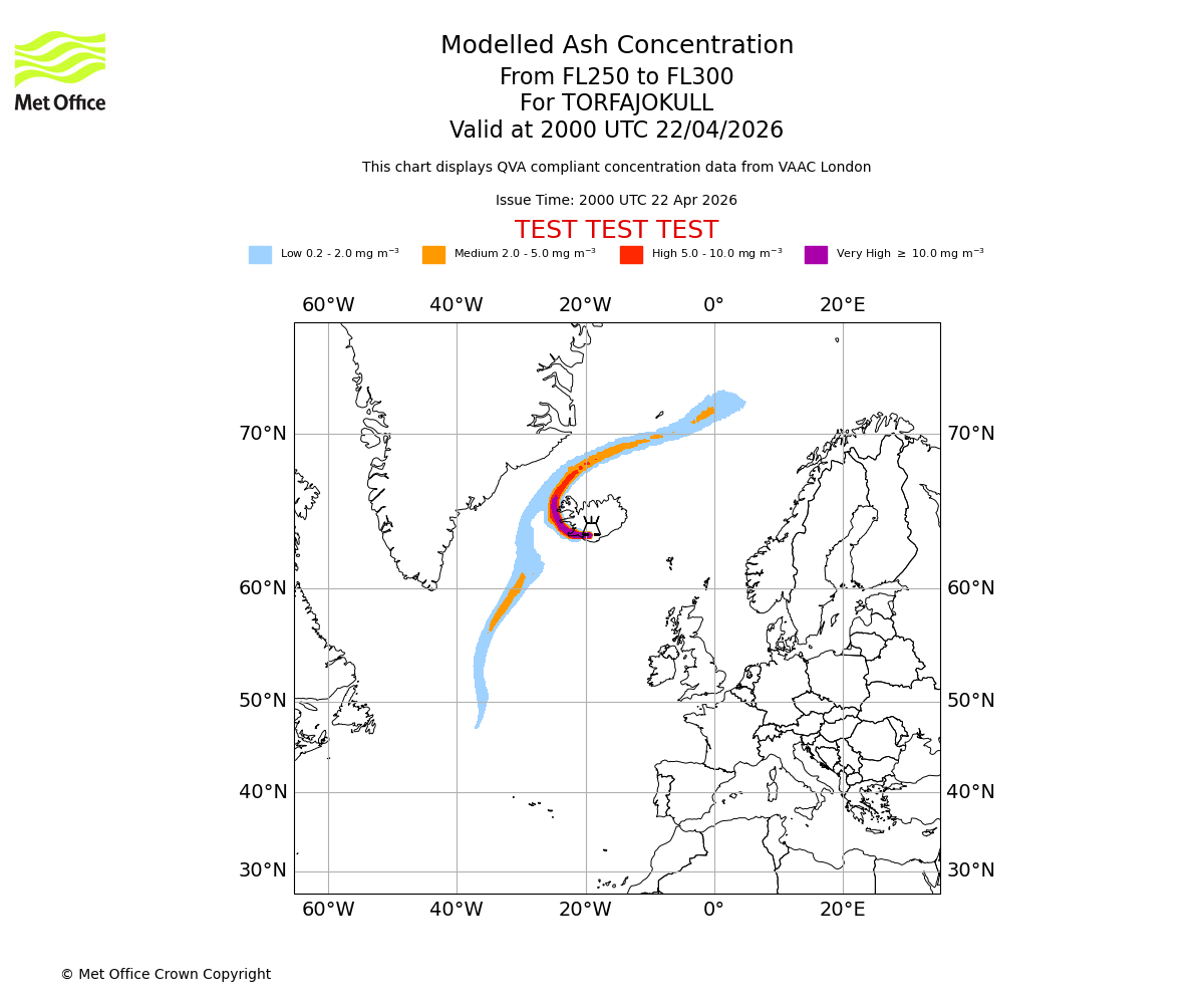 Modelled ash concentration from 250 to 300 for TORFAJOKULL. Valid at 2000 UTC 22/04/2026