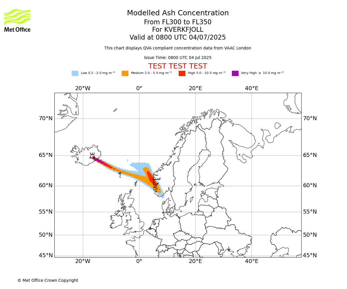 Modelled ash concentration from 300 to 350 for KVERKFJOLL. Valid at 0800 UTC 04/07/2025
