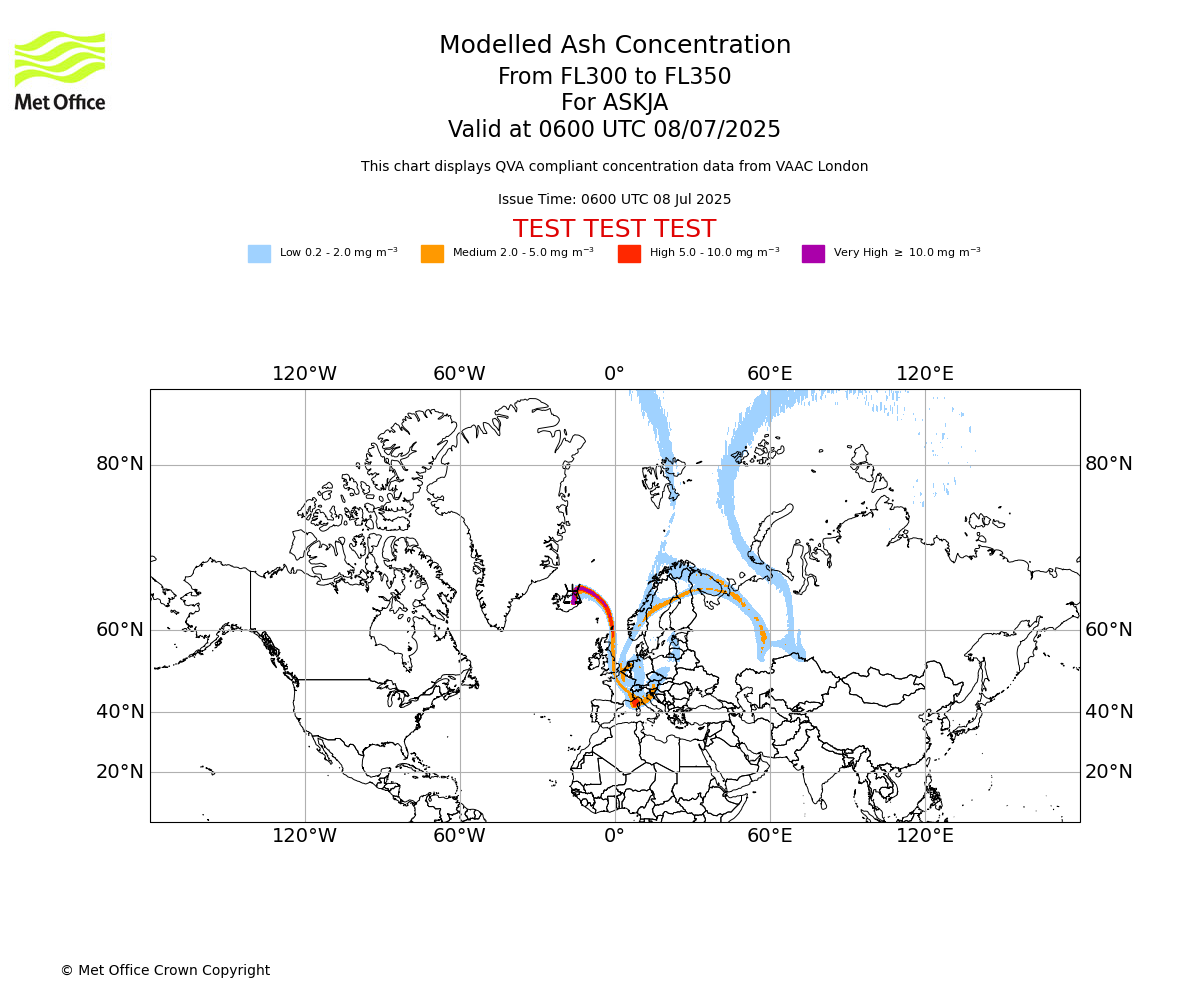 Modelled ash concentration from 300 to 350 for ASKJA. Valid at 0600 UTC 08/07/2025