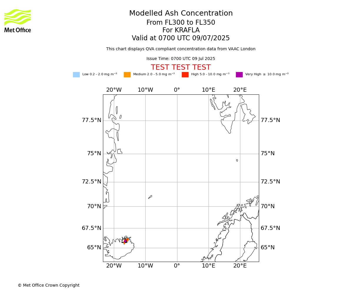 Modelled ash concentration from 300 to 350 for KRAFLA. Valid at 0700 UTC 09/07/2025