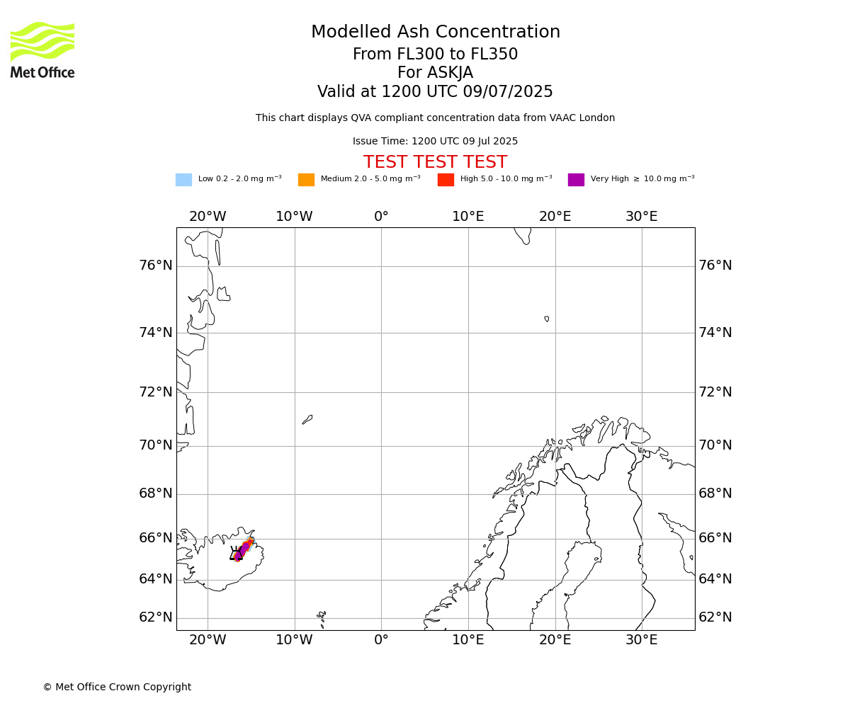 Modelled ash concentration from 300 to 350 for ASKJA. Valid at 1200 UTC 09/07/2025