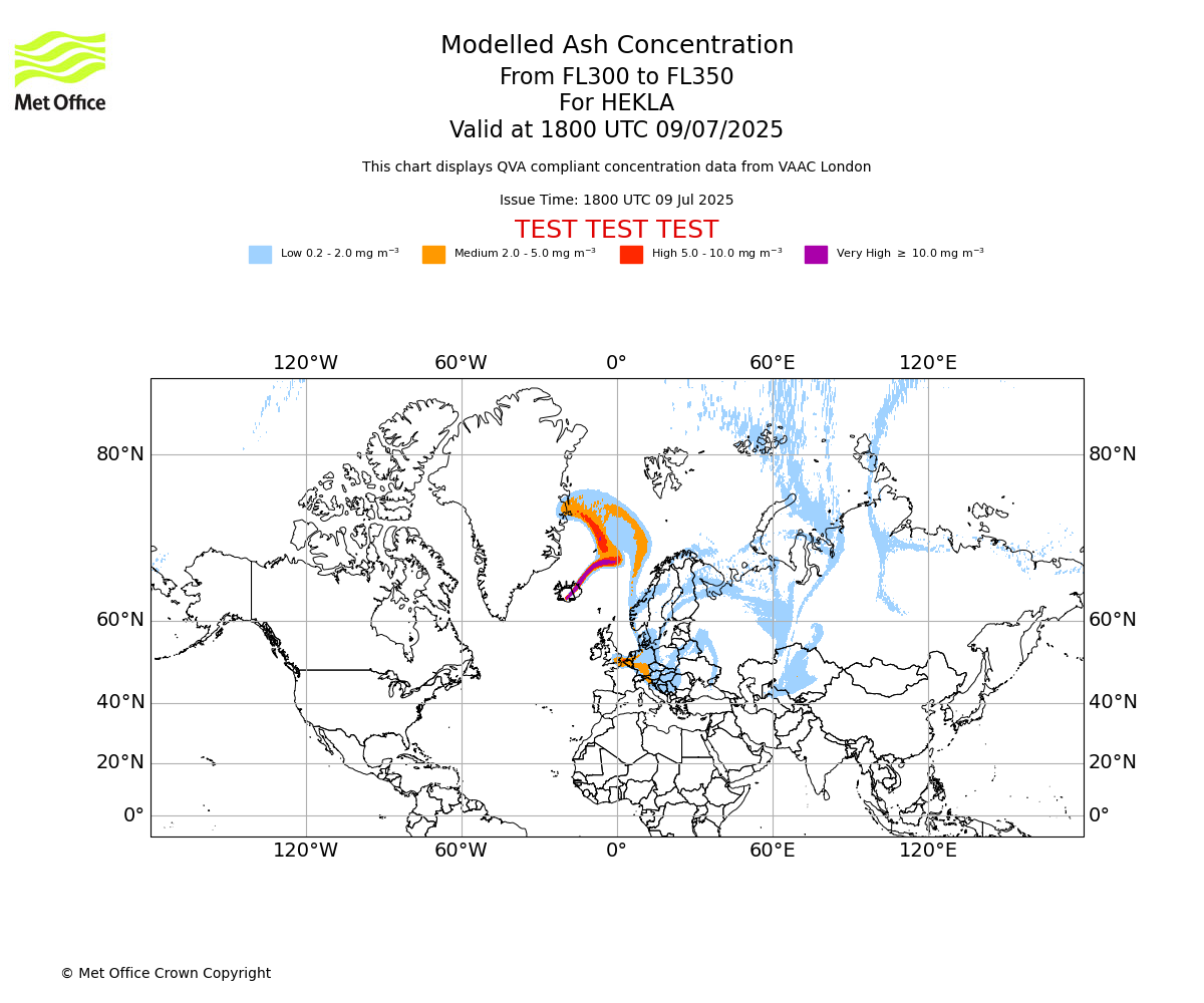 Modelled ash concentration from 300 to 350 for HEKLA. Valid at 1800 UTC 09/07/2025
