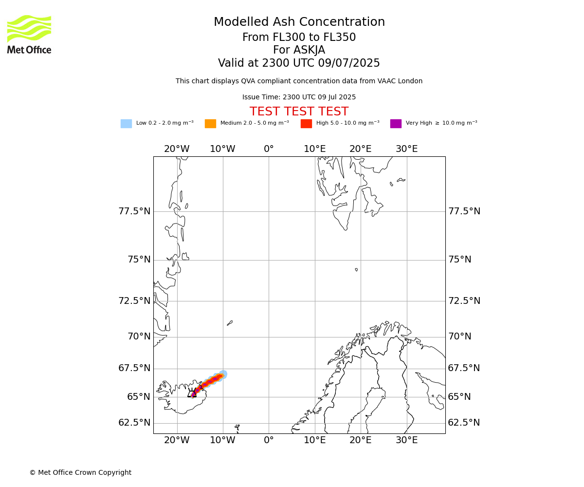 Modelled ash concentration from 300 to 350 for ASKJA. Valid at 2300 UTC 09/07/2025