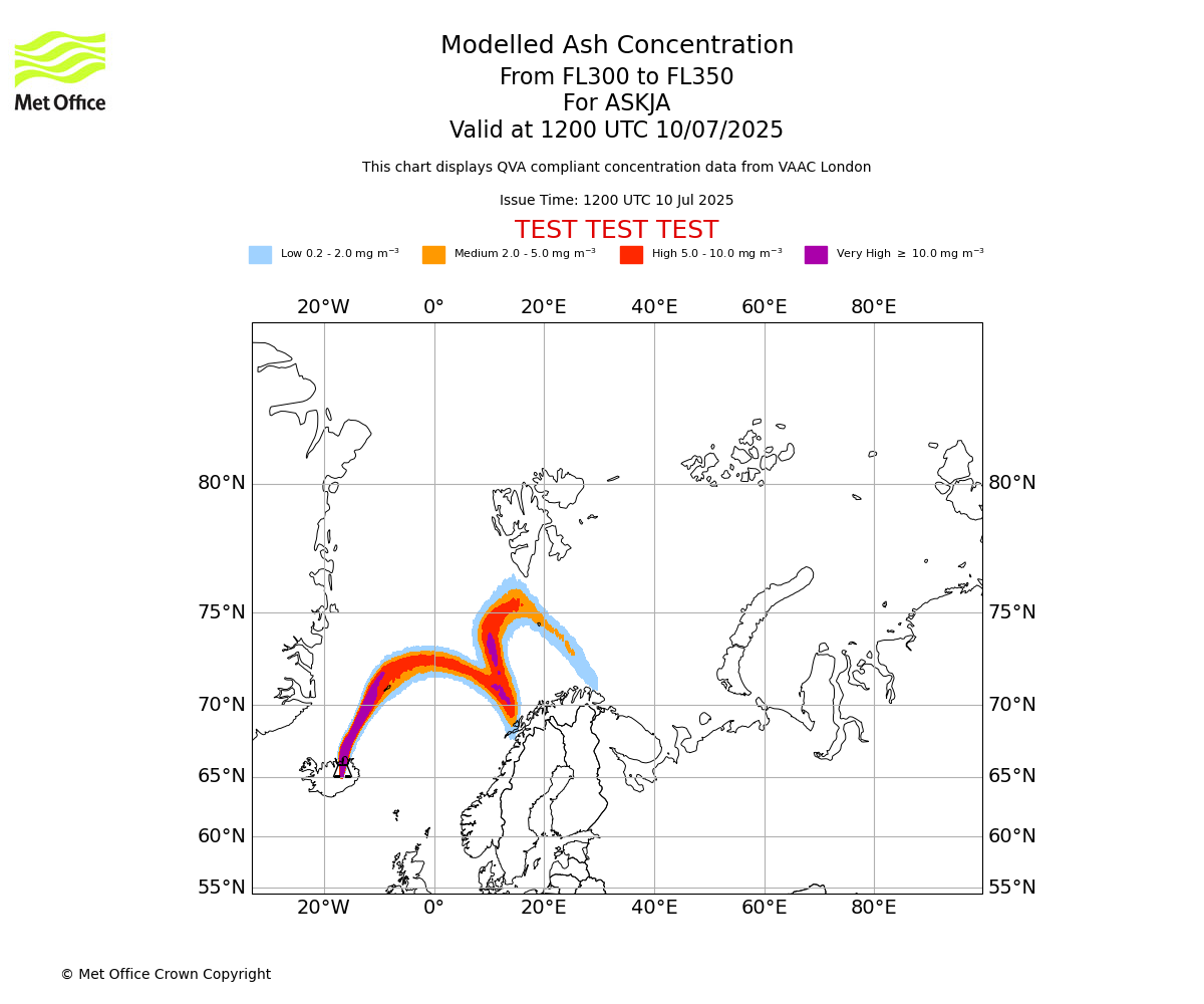 Modelled ash concentration from 300 to 350 for ASKJA. Valid at 1200 UTC 10/07/2025