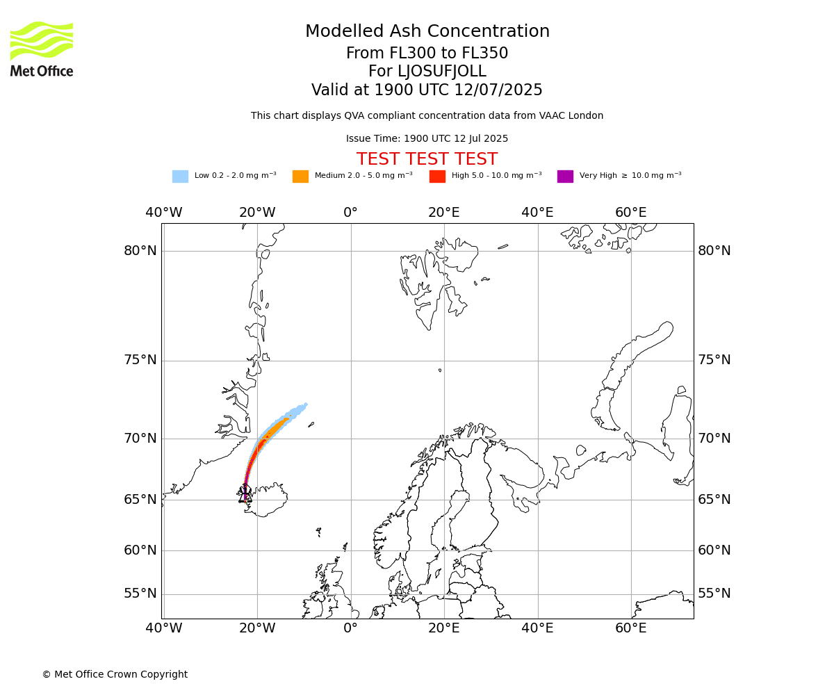 Modelled ash concentration from 300 to 350 for LJOSUFJOLL. Valid at 1900 UTC 12/07/2025