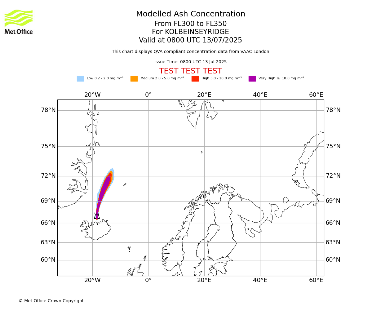 Modelled ash concentration from 300 to 350 for KOLBEINSEYRIDGE. Valid at 0800 UTC 13/07/2025