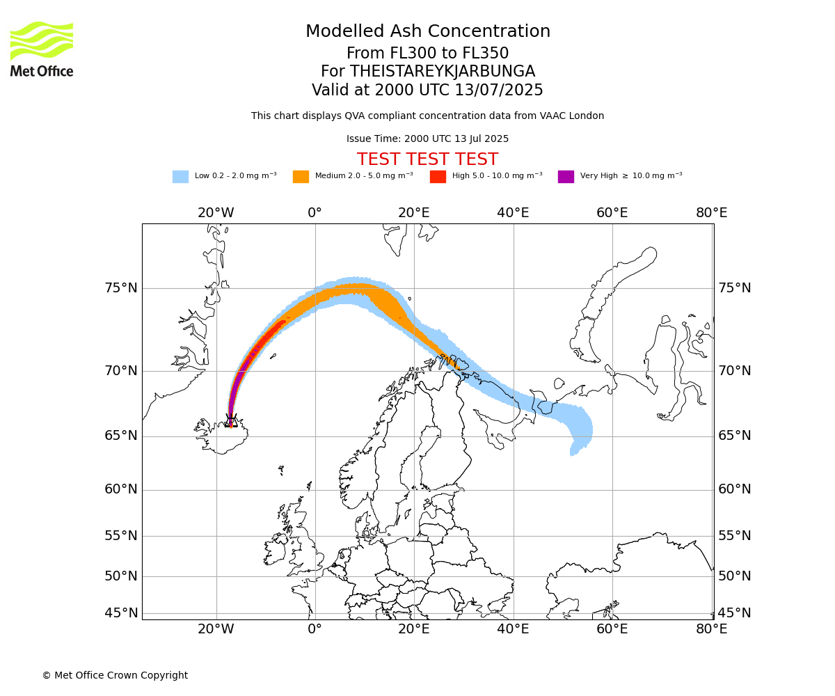 Modelled ash concentration from 300 to 350 for THEISTAREYKJARBUNGA. Valid at 2000 UTC 13/07/2025