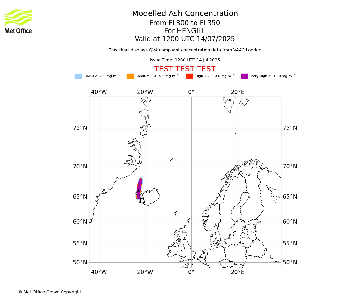 Modelled ash concentration from 300 to 350 for HENGILL. Valid at 1200 UTC 14/07/2025