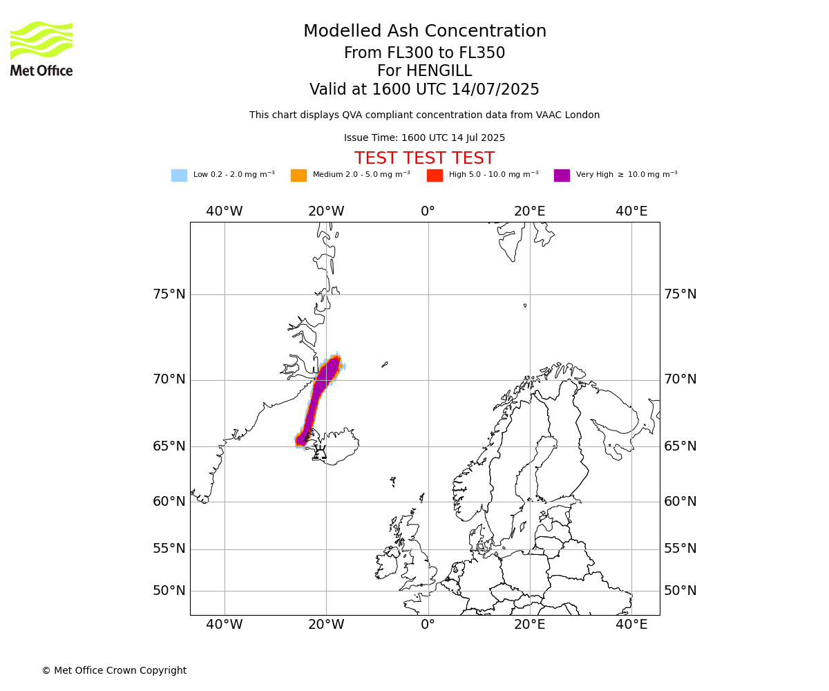 Modelled ash concentration from 300 to 350 for HENGILL. Valid at 1600 UTC 14/07/2025
