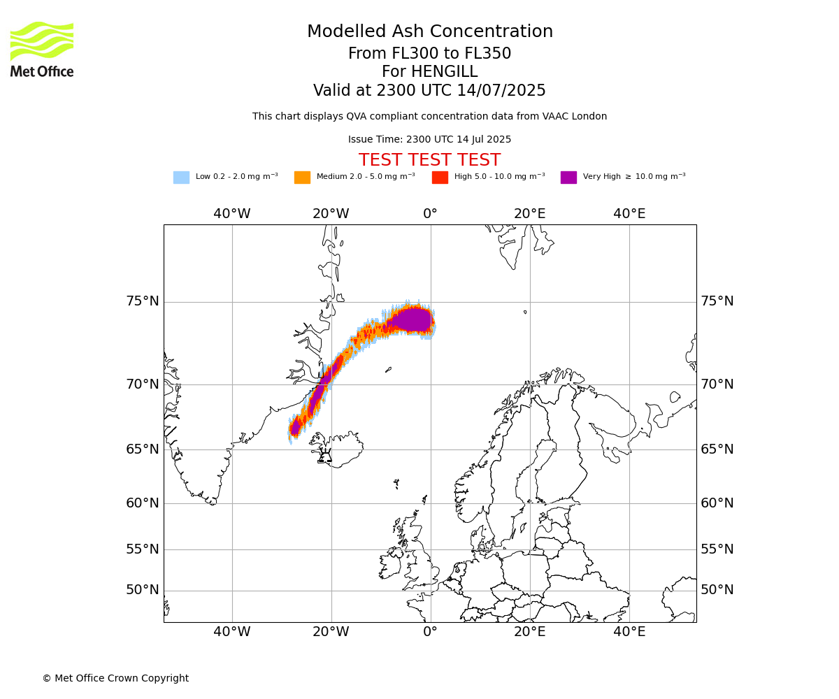 Modelled ash concentration from 300 to 350 for HENGILL. Valid at 2300 UTC 14/07/2025