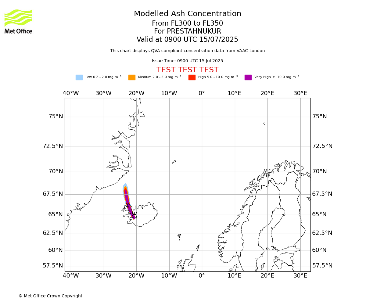 Modelled ash concentration from 300 to 350 for PRESTAHNUKUR. Valid at 0900 UTC 15/07/2025