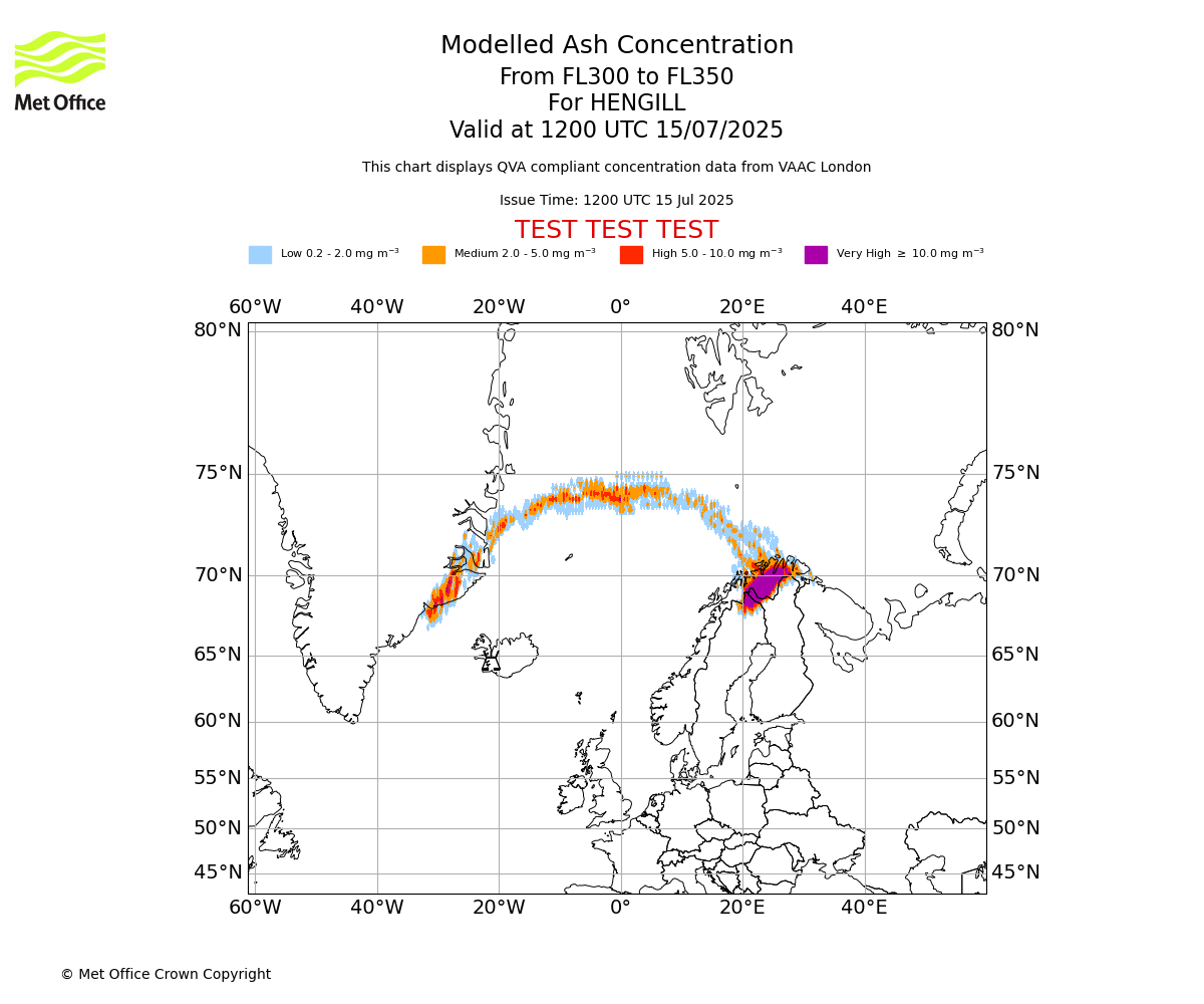 Modelled ash concentration from 300 to 350 for HENGILL. Valid at 1200 UTC 15/07/2025