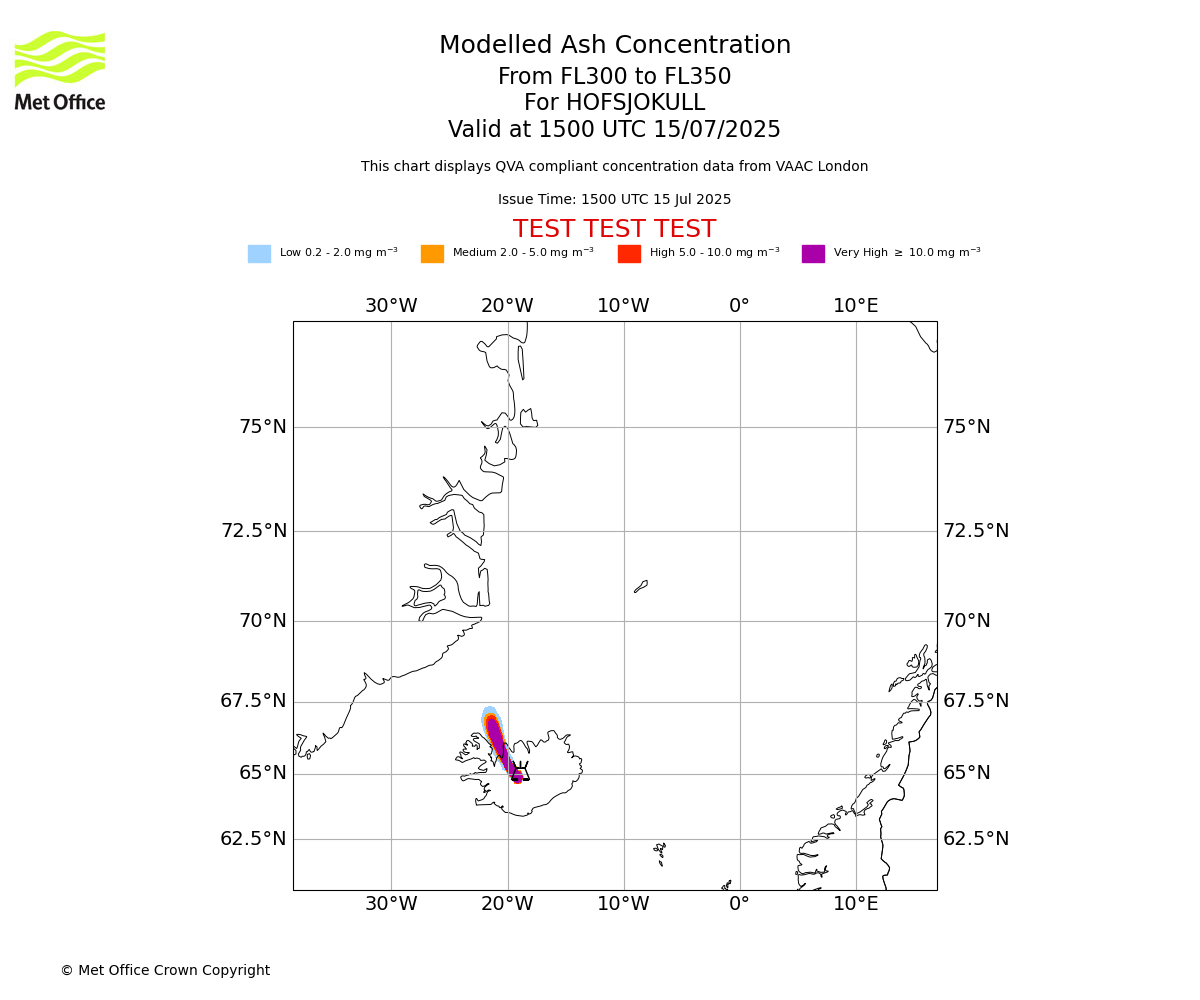 Modelled ash concentration from 300 to 350 for HOFSJOKULL. Valid at 1500 UTC 15/07/2025