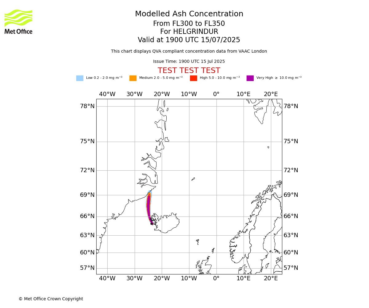 Modelled ash concentration from 300 to 350 for HELGRINDUR. Valid at 1900 UTC 15/07/2025