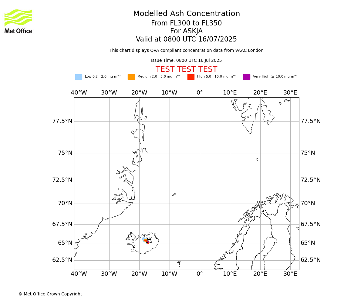 Modelled ash concentration from 300 to 350 for ASKJA. Valid at 0800 UTC 16/07/2025