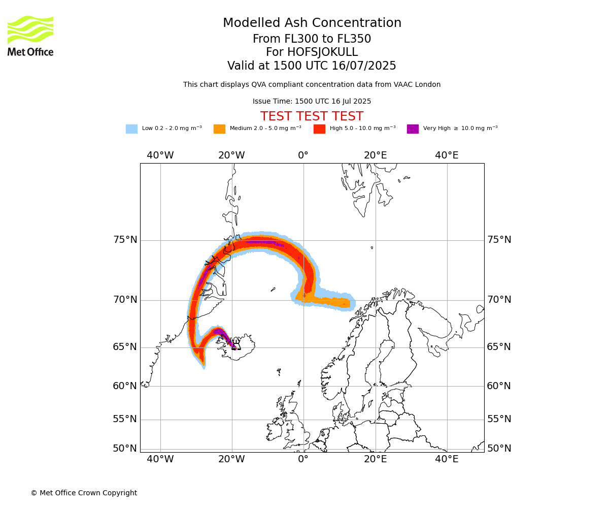 Modelled ash concentration from 300 to 350 for HOFSJOKULL. Valid at 1500 UTC 16/07/2025