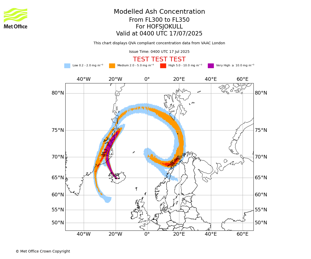Modelled ash concentration from 300 to 350 for HOFSJOKULL. Valid at 0400 UTC 17/07/2025