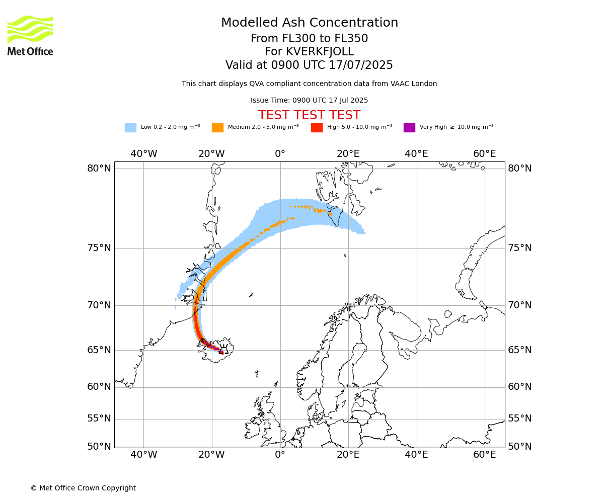 Modelled ash concentration from 300 to 350 for KVERKFJOLL. Valid at 0900 UTC 17/07/2025
