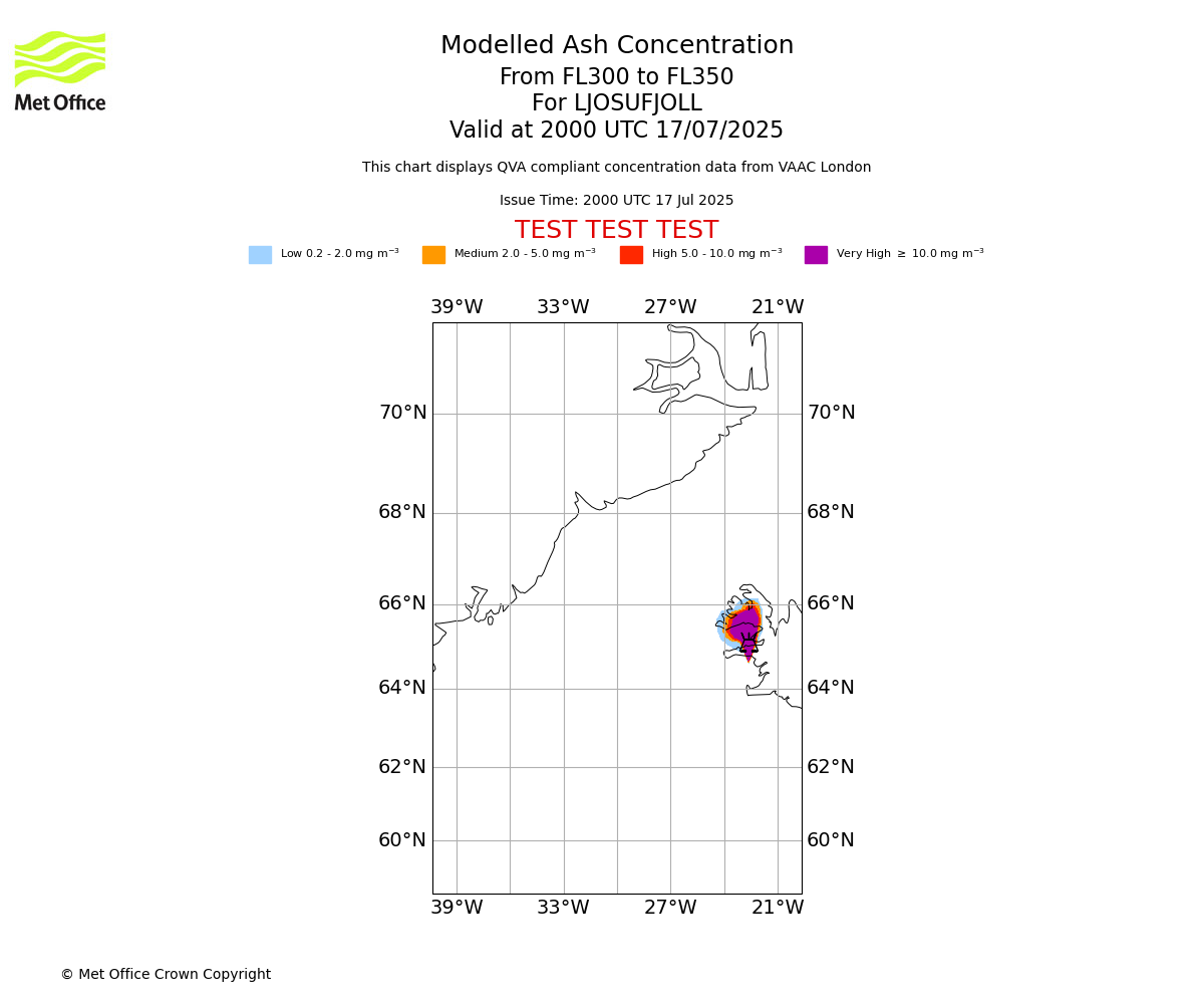 Modelled ash concentration from 300 to 350 for LJOSUFJOLL. Valid at 2000 UTC 17/07/2025