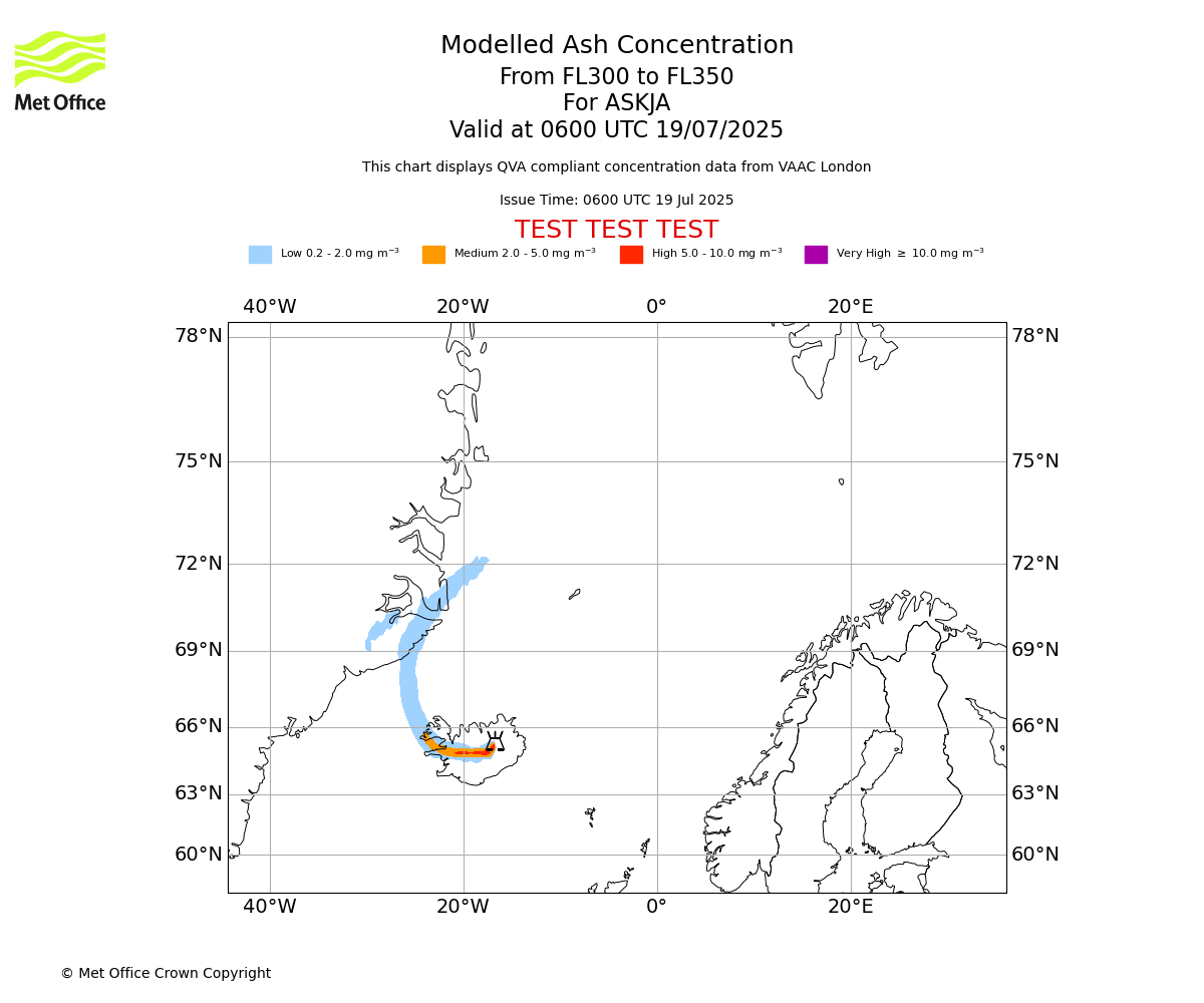 Modelled ash concentration from 300 to 350 for ASKJA. Valid at 0600 UTC 19/07/2025