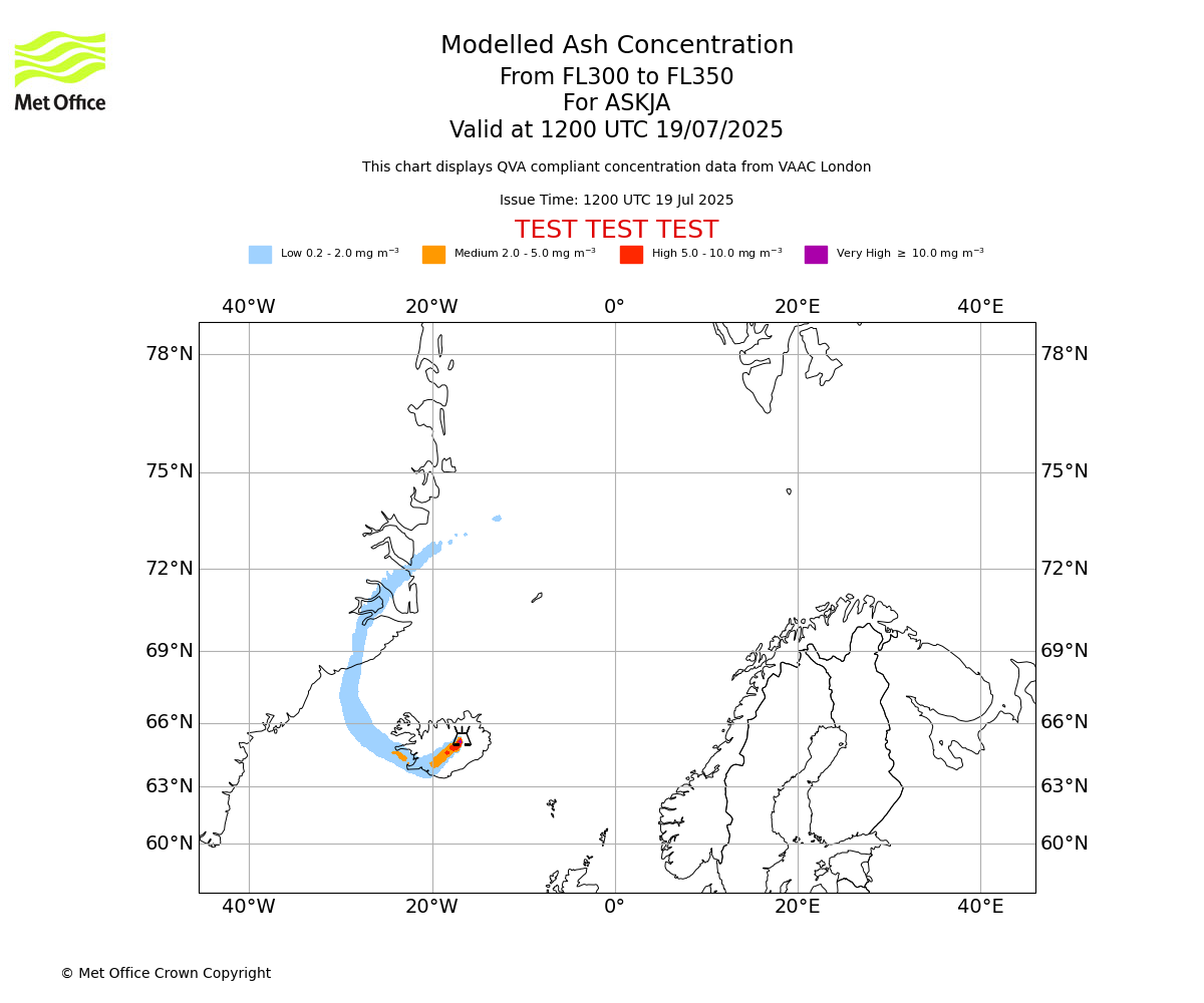 Modelled ash concentration from 300 to 350 for ASKJA. Valid at 1200 UTC 19/07/2025