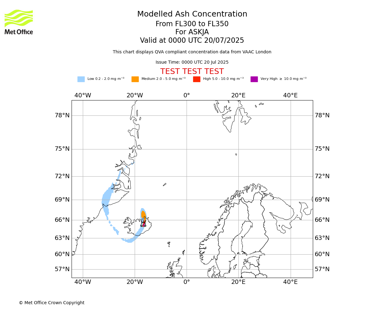 Modelled ash concentration from 300 to 350 for ASKJA. Valid at 0000 UTC 20/07/2025