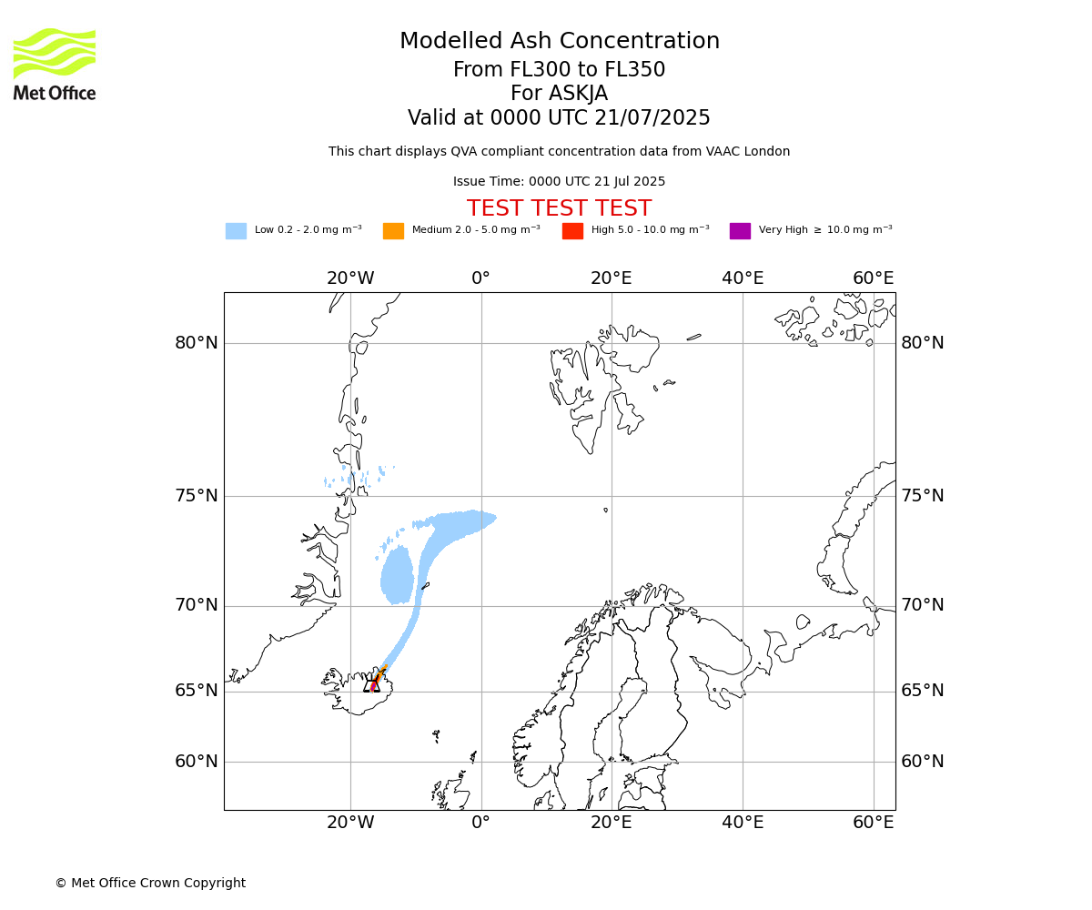 Modelled ash concentration from 300 to 350 for ASKJA. Valid at 0000 UTC 21/07/2025