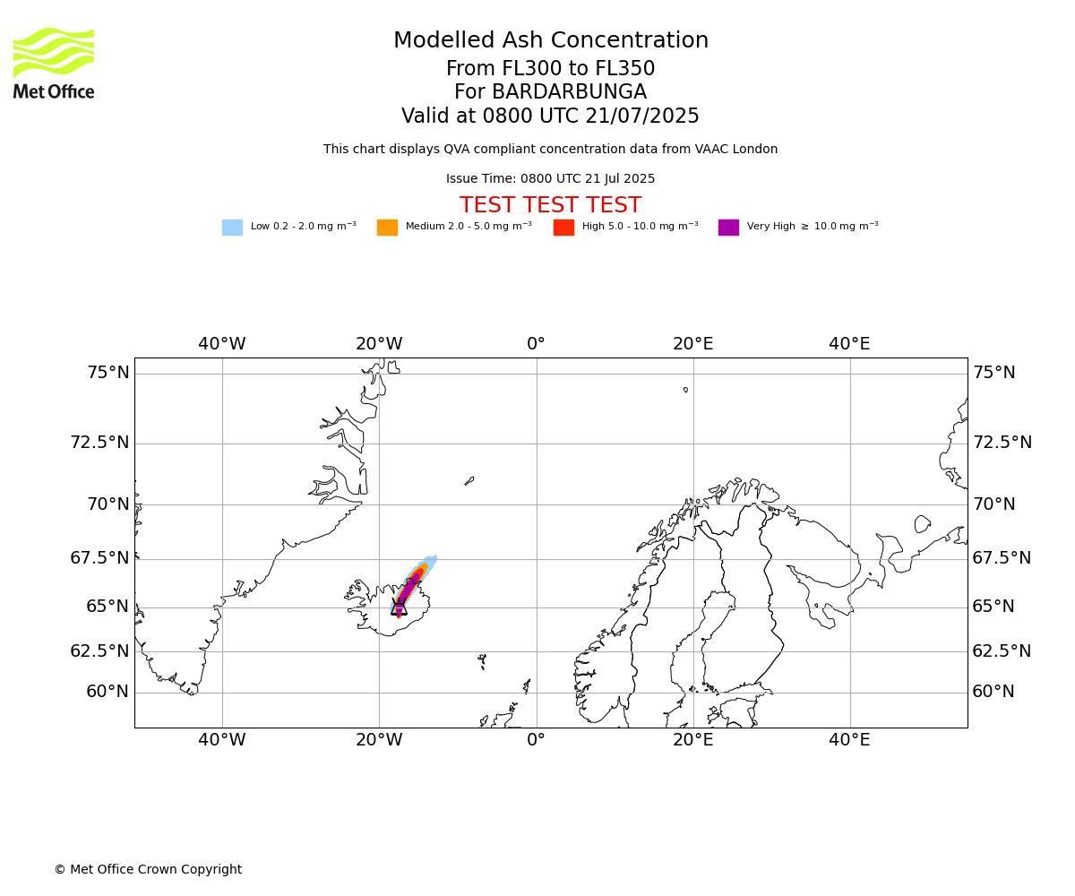 Modelled ash concentration from 300 to 350 for BARDARBUNGA. Valid at 0800 UTC 21/07/2025