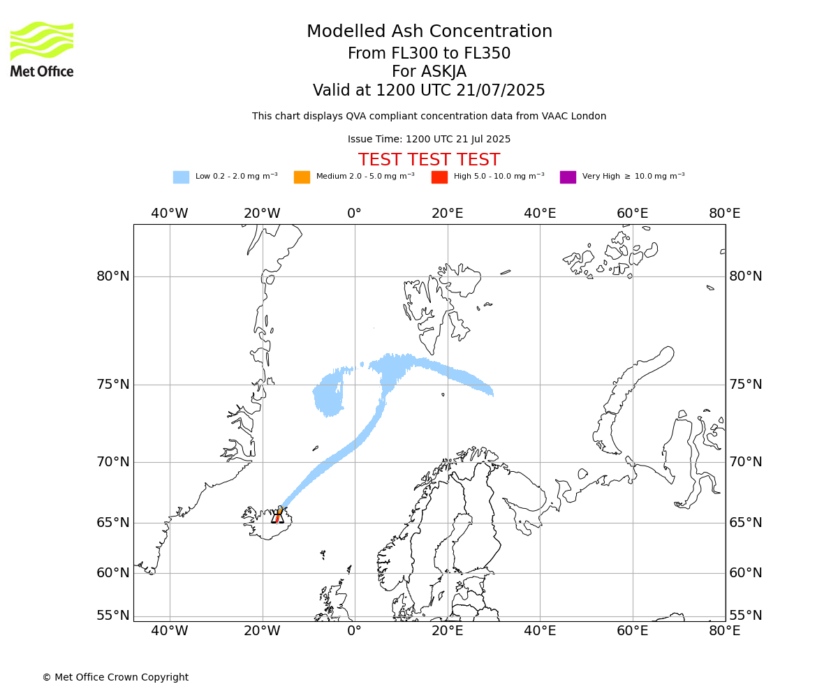 Modelled ash concentration from 300 to 350 for ASKJA. Valid at 1200 UTC 21/07/2025