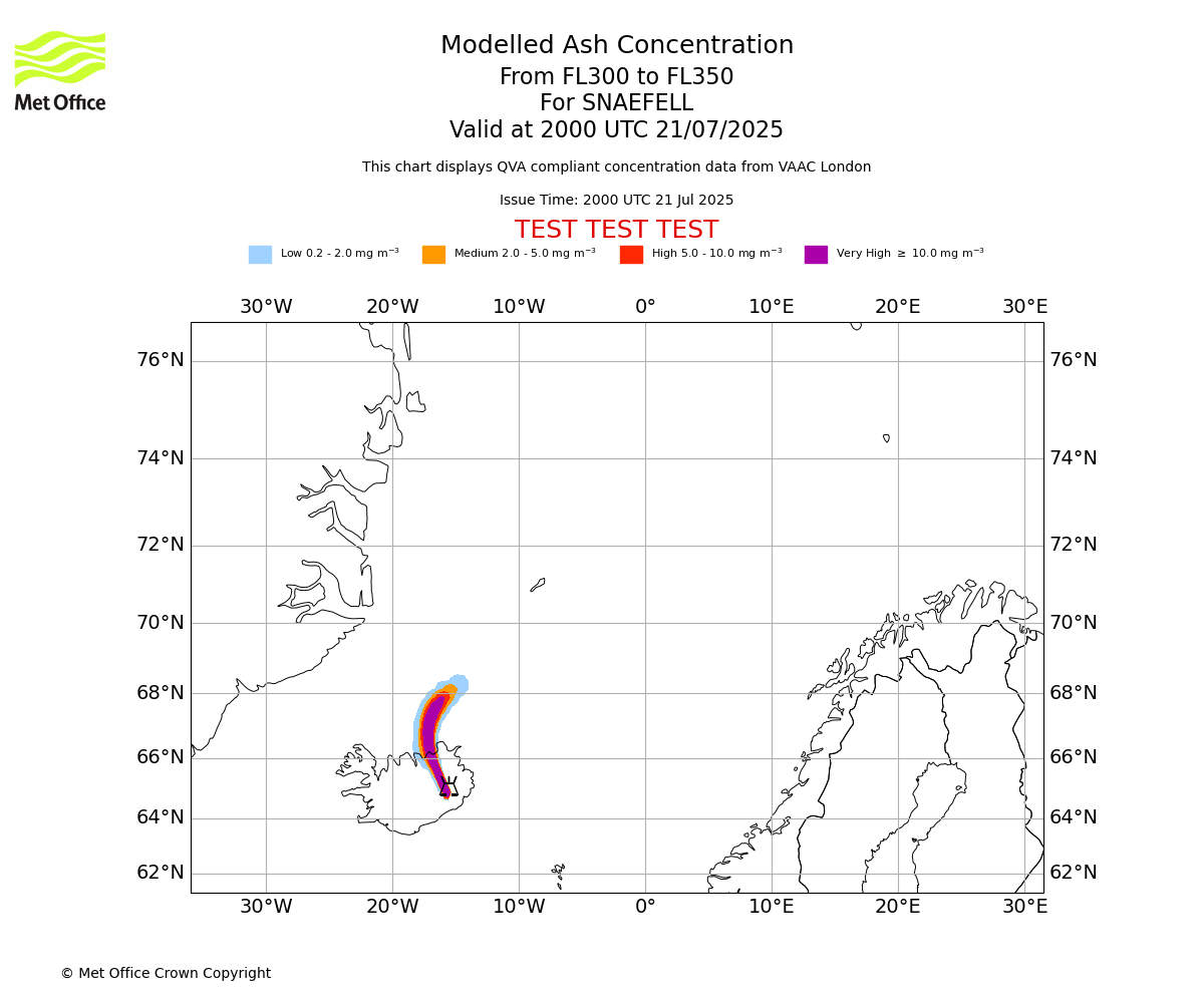 Modelled ash concentration from 300 to 350 for SNAEFELL. Valid at 2000 UTC 21/07/2025
