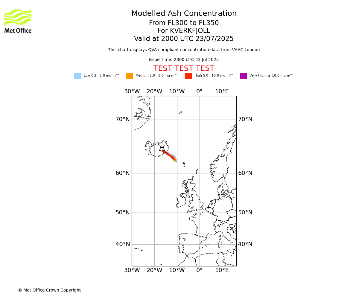 Modelled ash concentration from 300 to 350 for KVERKFJOLL. Valid at 2000 UTC 23/07/2025