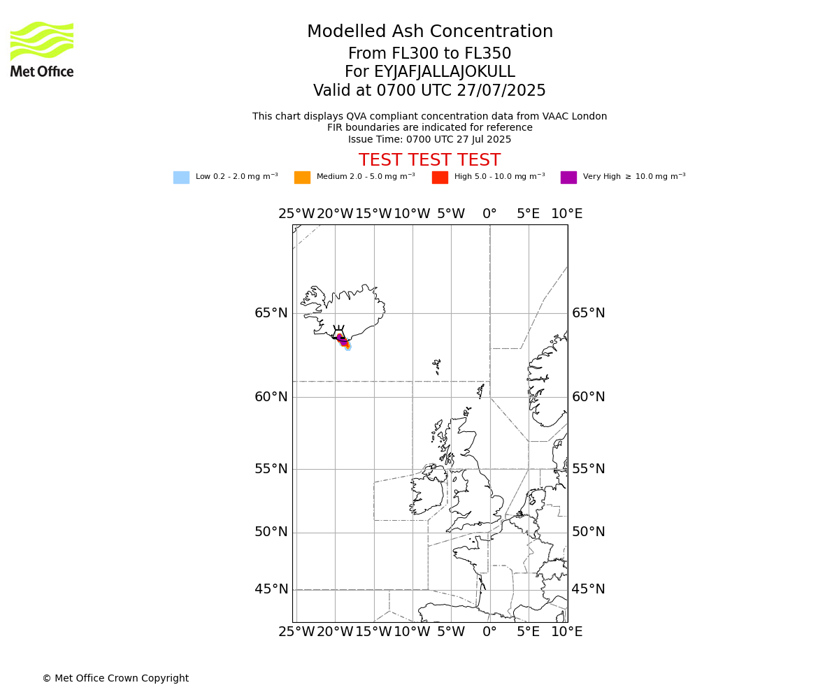 Modelled ash concentration from 300 to 350 for EYJAFJALLAJOKULL. Valid at 0700 UTC 27/07/2025