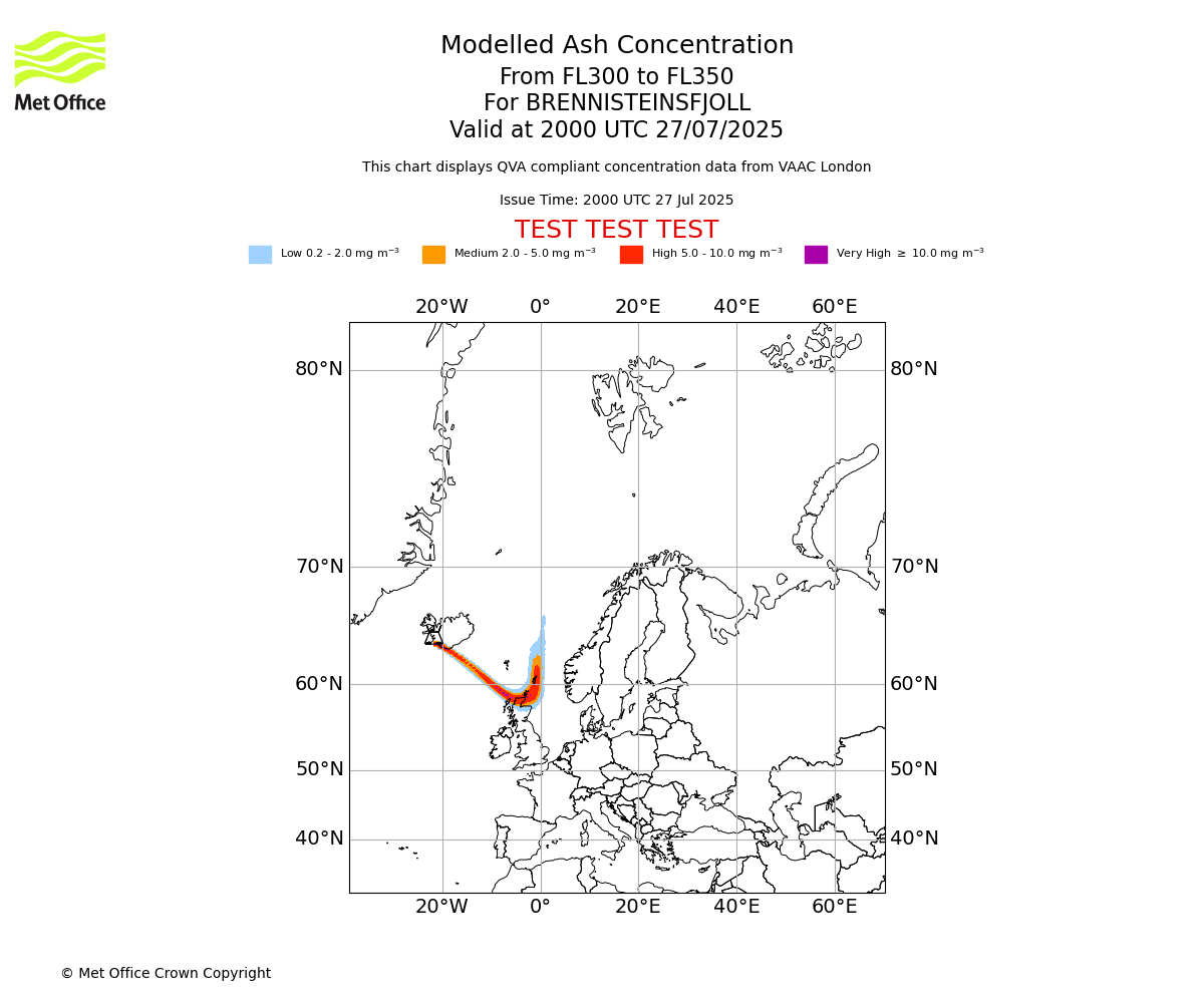 Modelled ash concentration from 300 to 350 for BRENNISTEINSFJOLL. Valid at 2000 UTC 27/07/2025