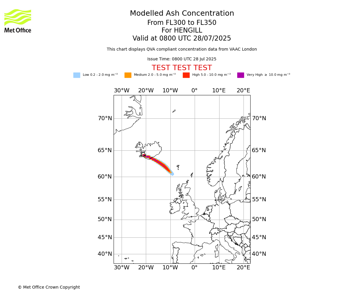 Modelled ash concentration from 300 to 350 for HENGILL. Valid at 0800 UTC 28/07/2025