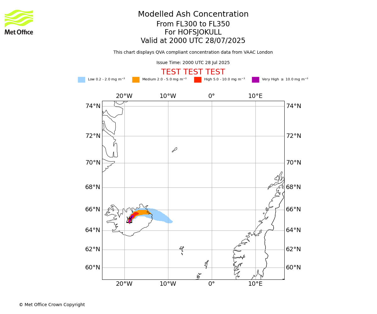 Modelled ash concentration from 300 to 350 for HOFSJOKULL. Valid at 2000 UTC 28/07/2025